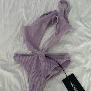 prettylittlething lilac crinkle asshmetric double strap twist swimsuit size 4